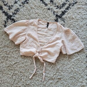 trf pale pink button up crop tie waist top flutter sleeves wrap Zara nude xs
